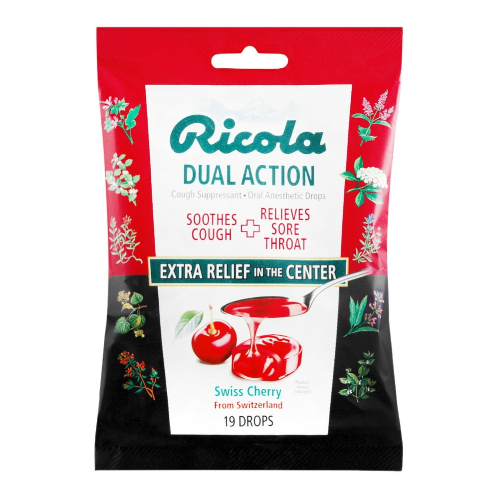 Ricola Dual Action Swiss Cherry Sore Throat and Cough Drops, 19 ct