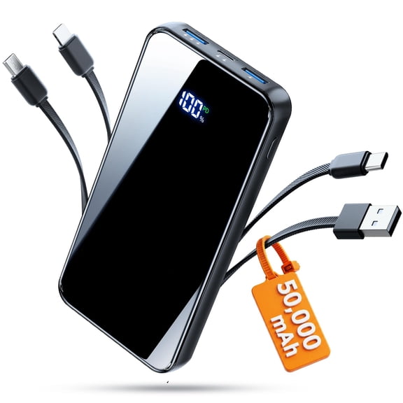 50000mAh Portable Charger, Built-in 4 Cables,22.5W Fast Charging Power Bank Up to 65% in 30 Minutes,Charge 6 Devices,USB C External Battery for iPhone 18/17/16/15 Samsung iPad,Android,Travel Essentia