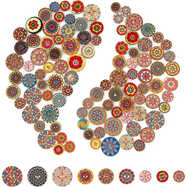 Botones Retro de madera con formas redondas, pintura de flores al azar, colores surtidos para costura, manualidades, 100 Uds. (15mm, 20mm, 25mm)
