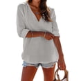 thumbnail image 4 of Women's V-Neck Hooded Beach Cover Up 2026 Lightweight Gauze Hoodie Shirts Loose Drawstring Pullover Tops with Pocket Light Gray 2XL, 4 of 7