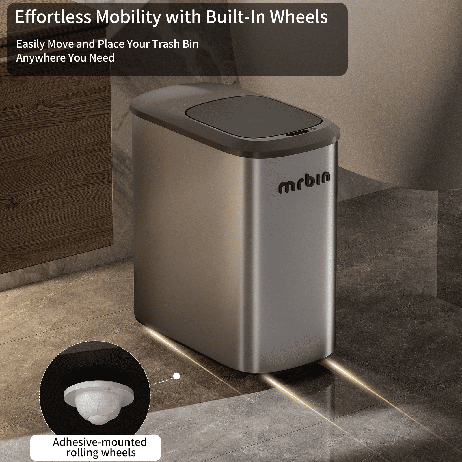 MRBIN Stainless Steel Motion Sensor Trash Can Bathroom, 10L / 2.6gal Slim Garbage Can with Lid Smart Trash Bin, Automatic Garbage Bin Touchless for Restroom, Vanity, Rv, Eclipse Grey