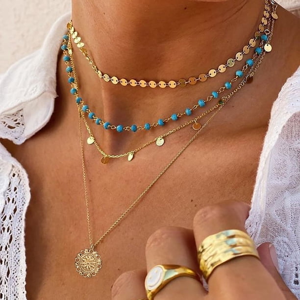 Collar de clavícula de turquesa retro de joyería para mujer, collar de lentejuelas con placa de metal simple