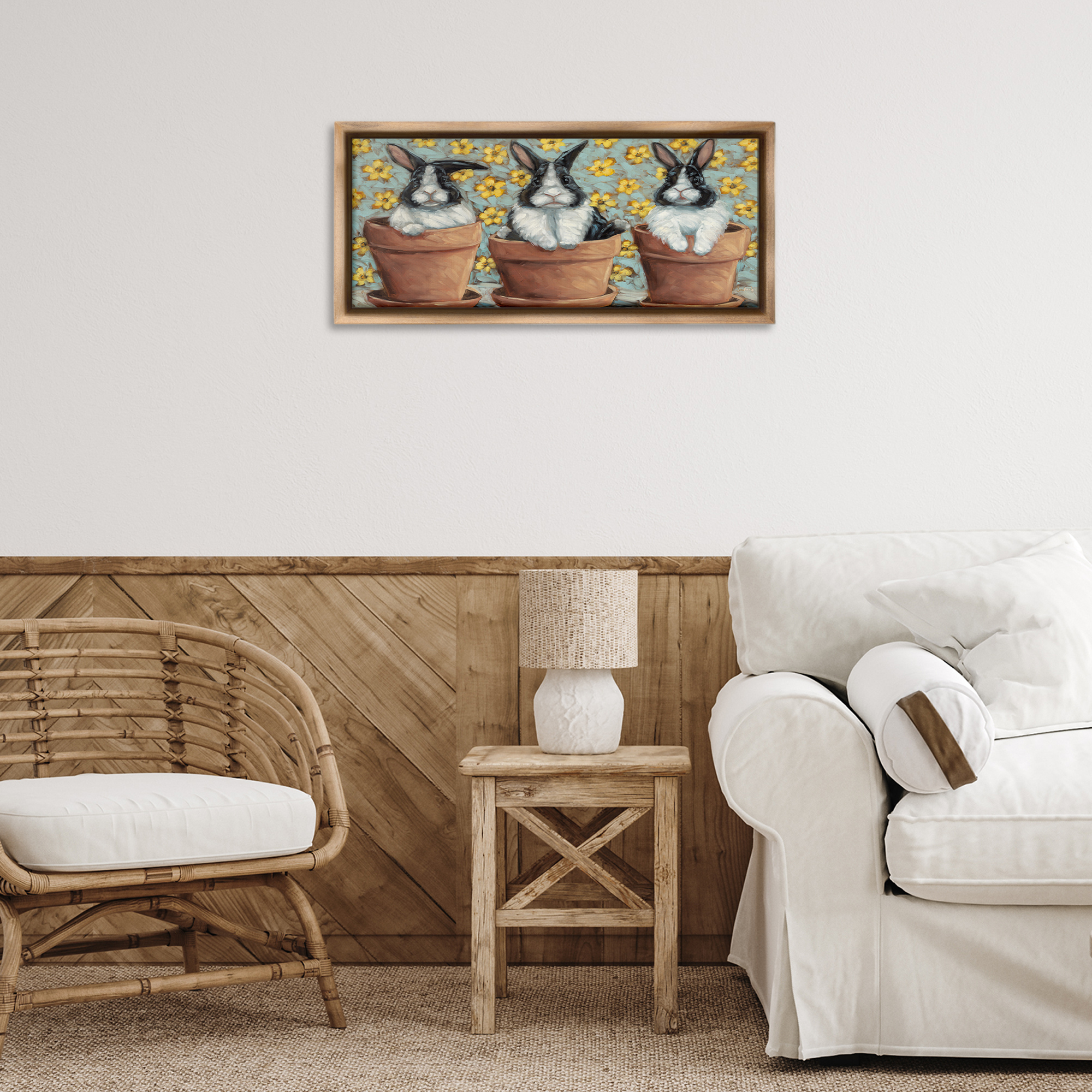 Stupell Industries Three Bunnies in Pots Animals & Insects Painting Brown Floater Framed Canvas Art Print Wall Art, 25 x 11