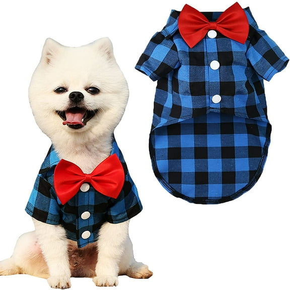 Stibadium Plaid Dog Shirt with Bow Tie Boy Pet Clothes Gentle Puppy Cat Collar Shirts Birthday Party Holiday Wedding Costume Outfit