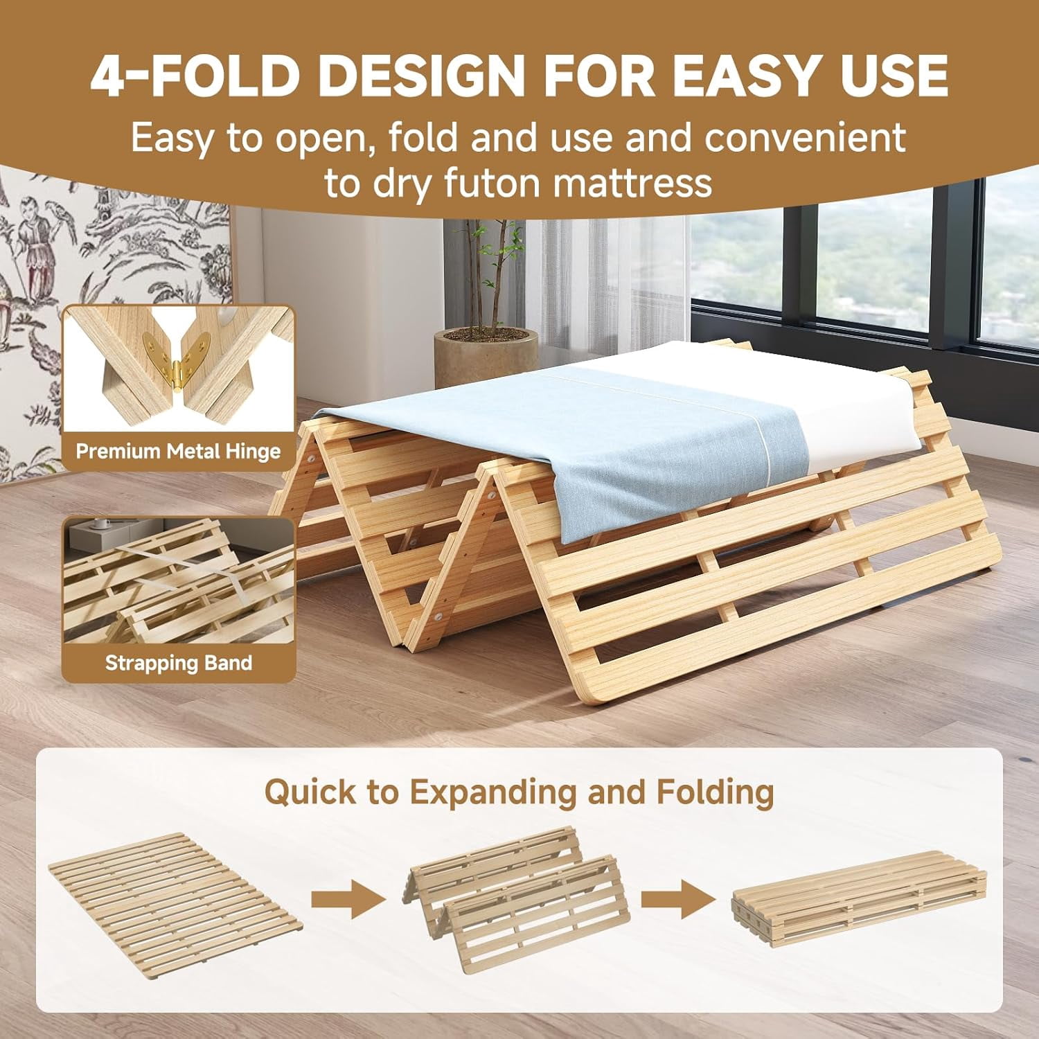ABORON Floor Bed Frame, Folding Tatami Futon Frame, Breathable Moisture-Proof Bed Plate, Solid Wood Slat Floor Bed Frame, Japanese Floor Tatami Bed for Floor Sleeping or Futon Mattress, Full Size