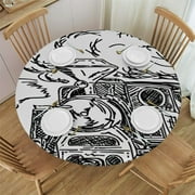 HAOXIT Decorative Fitted Table Cover for Round Table, Steam Engine Elastic Table Cloth,Black and White Old Train on Railroad Sketch Vintage Print Table Pad, Fit Round Table,for Dining Table 46-50
