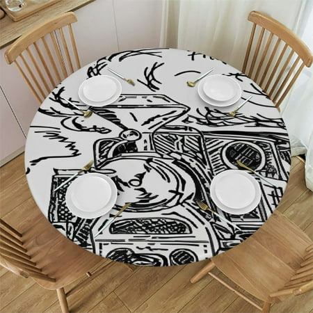 HAOXIT Decorative Fitted Table Cover for Round Table, Steam Engine Elastic Table Cloth,Black and White Old Train on Railroad Sketch Vintage Print Table Pad, Fit Round Table,for Dining Table 38-42