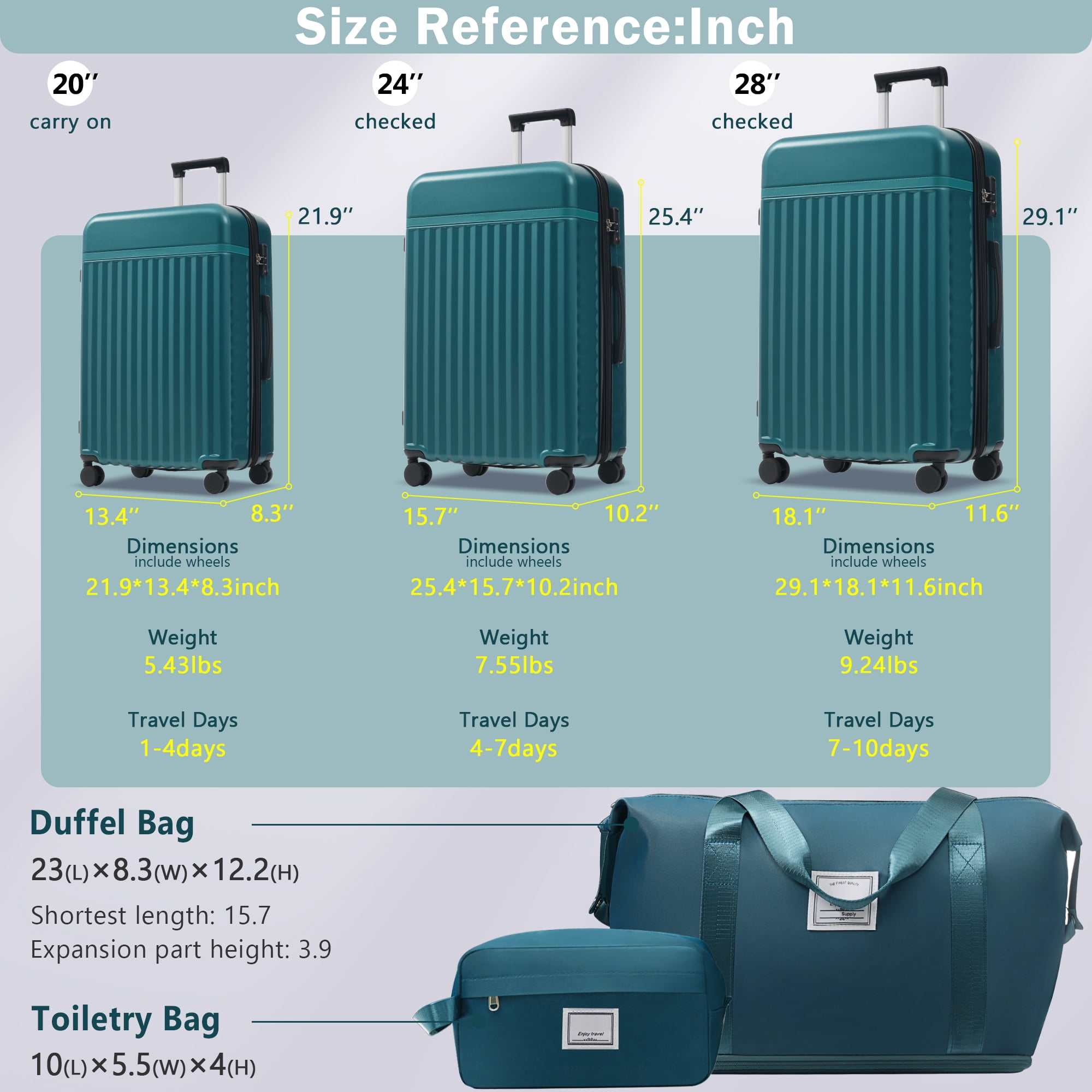 Euroco Luggage Sets 5 Piece,Hardside Expandable Suitcase with 2 Travel Bags,Spinner Wheels and TSA Lock,Lightweight Carry on Luggage for Women Men(20"+24"+28"),Dark Green