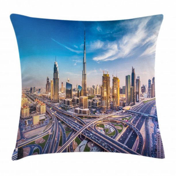 City Throw Pillow Cushion Cover, Panoramic View of Dubai Arabian