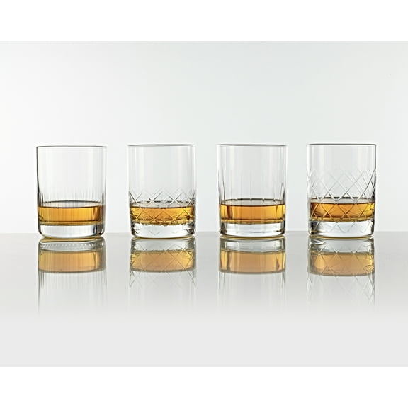 Burns Glass Hand Cut Whiskey Glasses 11.5 oz 4 Unique Designs per set, Heavy base (Set of 4)