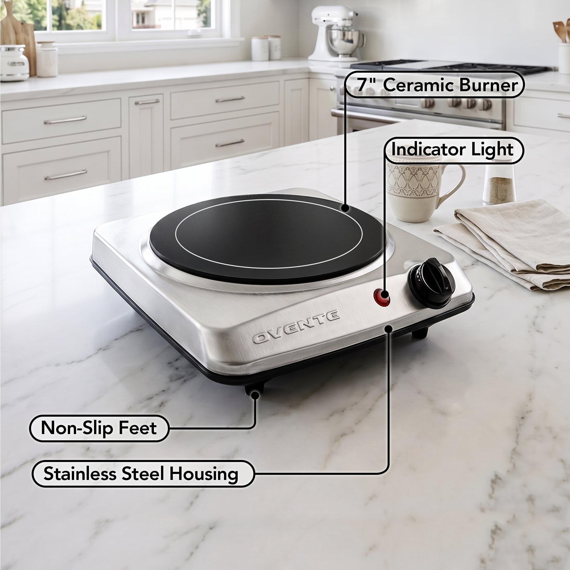 OVENTE Countertop Infrared Single Burner, 1000W Electric Hot Plate with 7” Ceramic Glass Cooktop, 5 Level Temperature Setting & Easy to Clean Base, Compact Stove for Home Dorm Office, Silver BGI101S