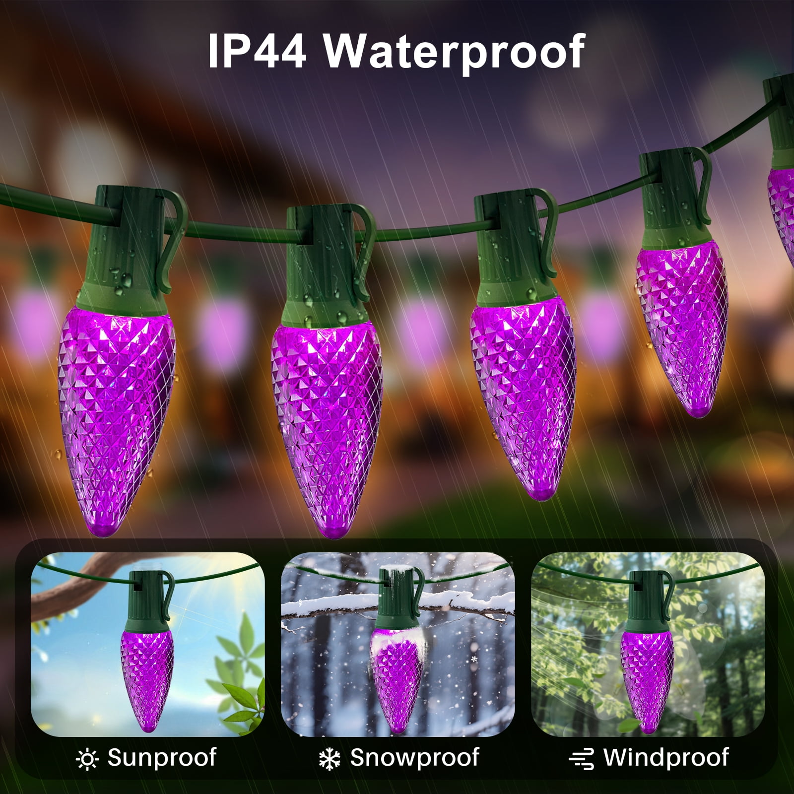 LAMPHOME Purple C9 Christmas String Light Outdoor, 25FT Shatterproof LED for House Rooflines & Pathways, Connectable Waterproof Vintage Christmas Light for Tree, Yard, Patio, Porch, Garden