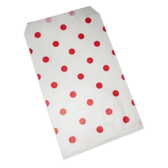 50 Qty 4" x 6" Decorative Flat Paper Gift Bags - Red Polka-Dot on White Bags - for Sales/Treats/Parties Cookies/Gifts - N'icePackaging