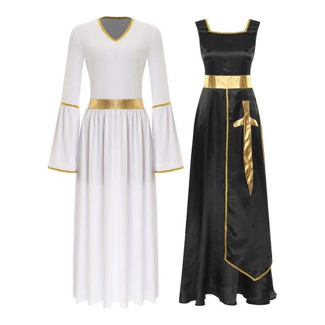 Raenseen Robes de Danse pour Femmes Tenues de Culte Col Carré Tunique avec Robes à Manches Longues Noir&Blanc m