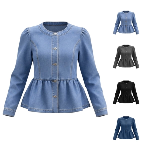 Cmtiyu Denim Jacket for Women Casual Crew Neck Button Down Peplum Hem Jackets Fall Long SLeeve Cropped Jean Jacket S-2XL