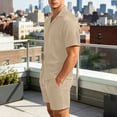 thumbnail image 6 of Bpyeka Men's Casual Two-Piece Set, Camp Collar Button-Down Shirt & Drawstring Shorts, Herringbone Jacquard Textured Co-Ord Outfit, S-2XL, 6 of 9