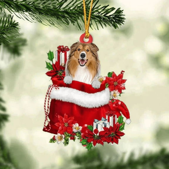 Acrylic 2D FLAT - Rough Collie In Gift Bag Christmas Ornament - Holiday Tree Decoration