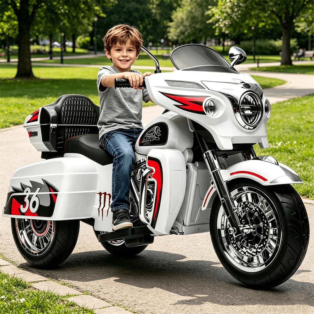 12V Motorcycle for Kids Aged 3+, 3 Wheel Kids Ride On Motorcycle, Electric Motorbike with Key Start, Storage Box, 5Mph, White