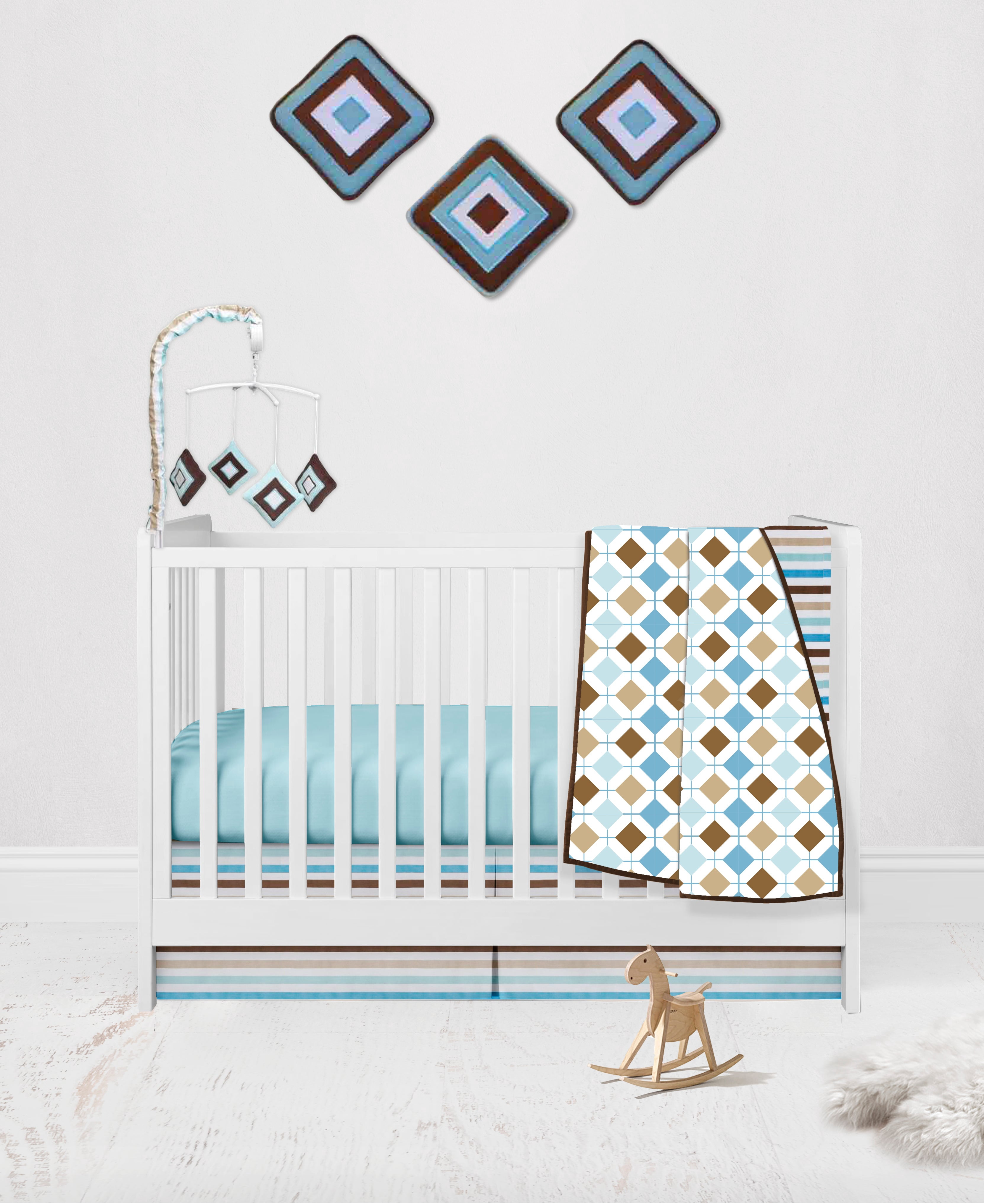 Bacati - Mod Diamonds/Stripes Aqua/Beige/Teal/Chocolate Musical Baby Crib Mobile