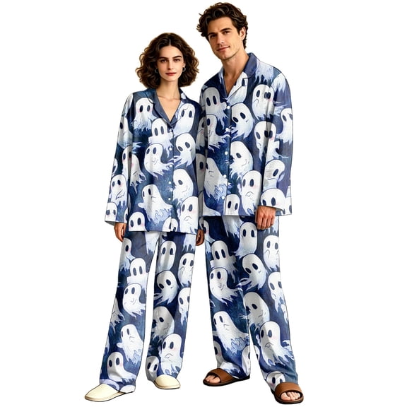 DORKASM Halloween Couple Pajamas Matching Sets Long Sleeve Pajama Set for Women & Men Button-Down V-Neck Sleepwear House Wear Light Blue 2XL
