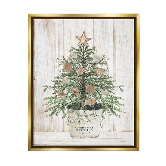 Rustic Seashell Christmas Tree Holiday Graphic Art Metallic Gold Framed Art Print Wall Art