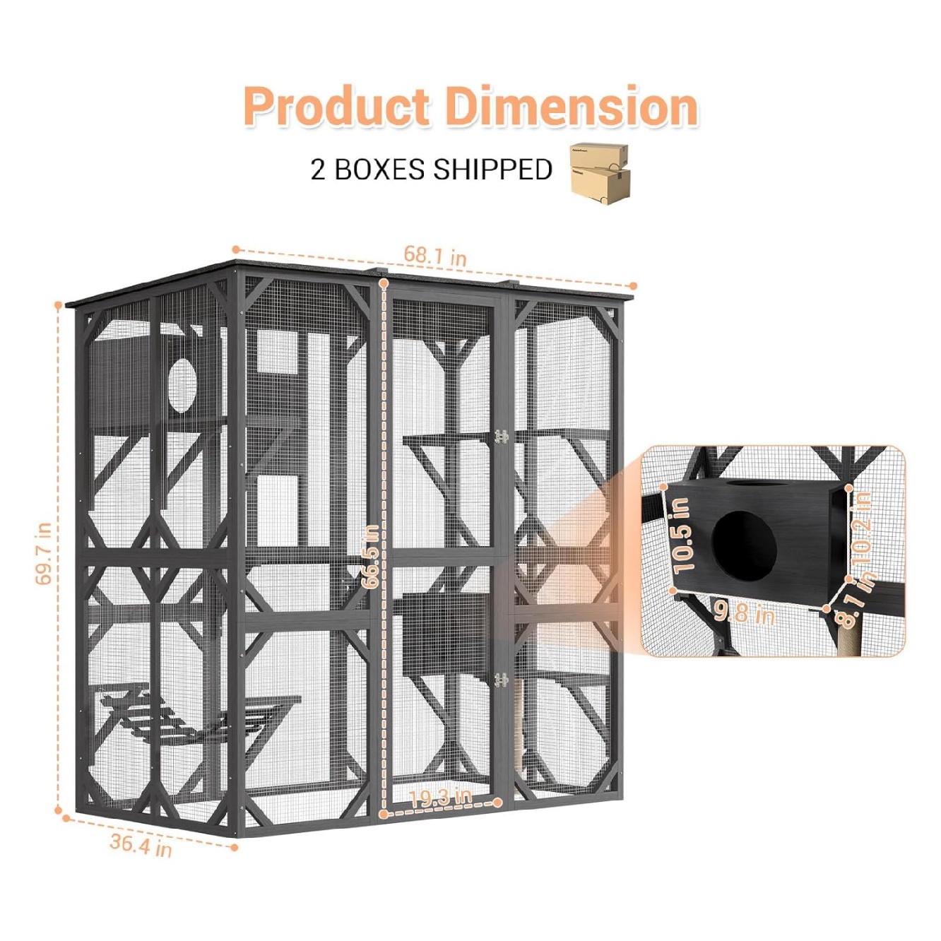 70'' Outdoor Cat Enclosure, Large Walk-in Catio Outdoor Cat Enclosure with Window, 4 Jumping Platforms & 2 Resting Box, Wooden Cat House Indoor with Scratching Post & Hammock, UV Resistant