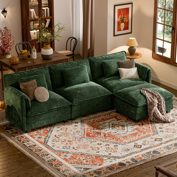 CDCASA 116" L Shaped Sectionals for Living Room, 4-Seater Modular Sectional Sofa with Movable Ottoman, Comfy Cloud Couches and Sofas with Double Layer Cushions, Chenille Green Sofa