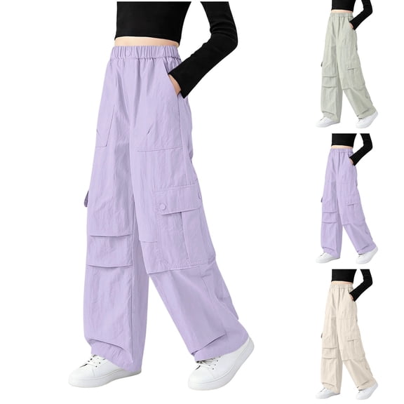 Kids Girls Wide Leg Cargo Trousers Baggy Pants Pocket Elastic Waist Lightweight School Casual Outdoor Streetwear Bottoms Beige 14-15 Years
