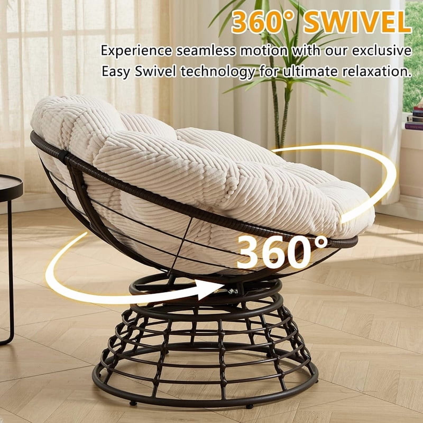Ergonomic Wicker Papasan Chair, 360° Swivel Chair with Soft Thick Cushion for Living Room, Bedroom, Reading Room