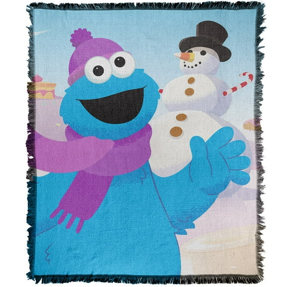 Sesame Street Furry Friends Forever Blanket, 50'x60' Cookie Monster Snowman Woven Tapestry Cotton Blend Fringed Throw Blanket