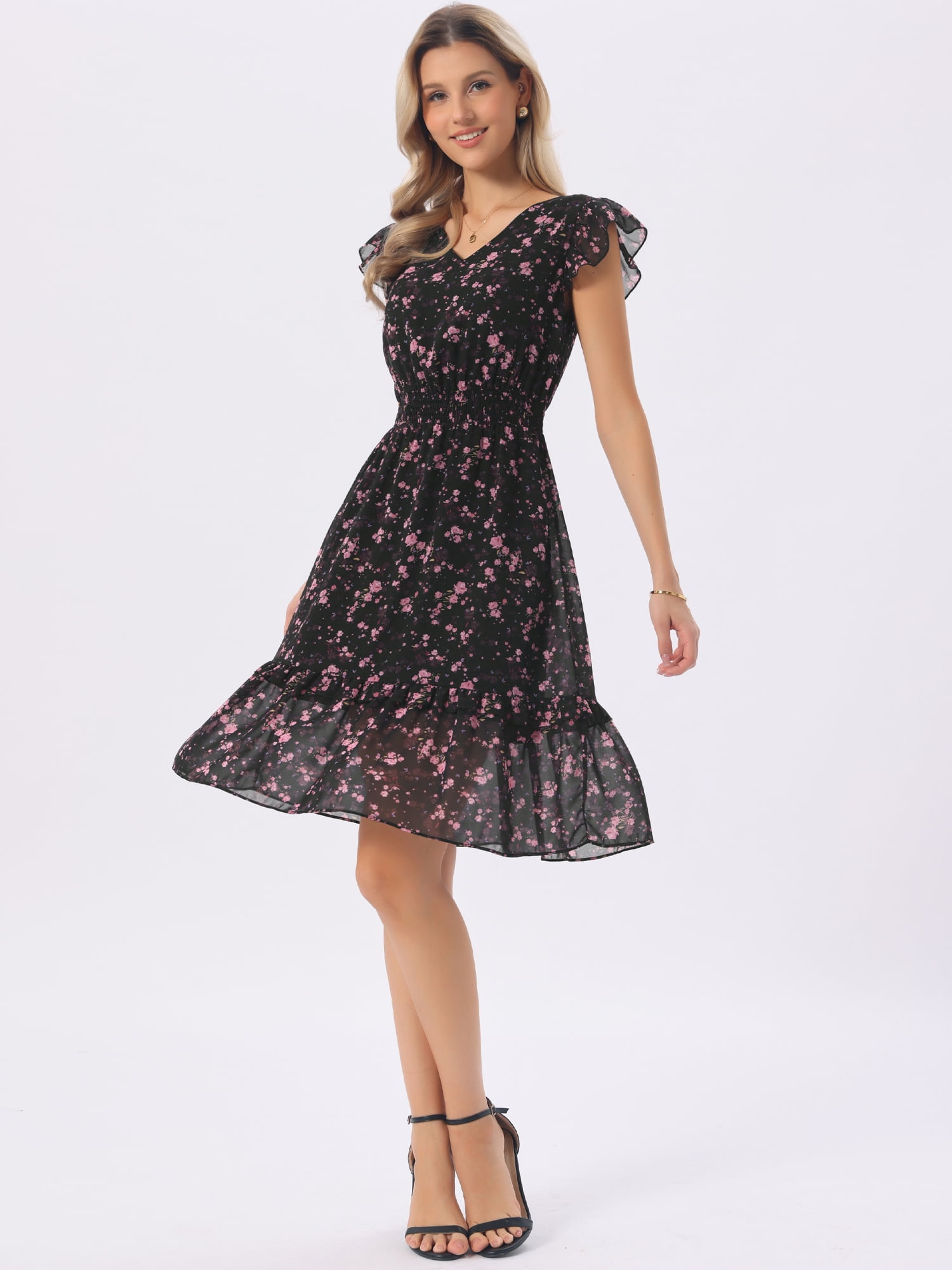 DARING DIVA Women's Floral Summer V Neck Flutter Sleeve Ruffle Dress M Black Pink Flower