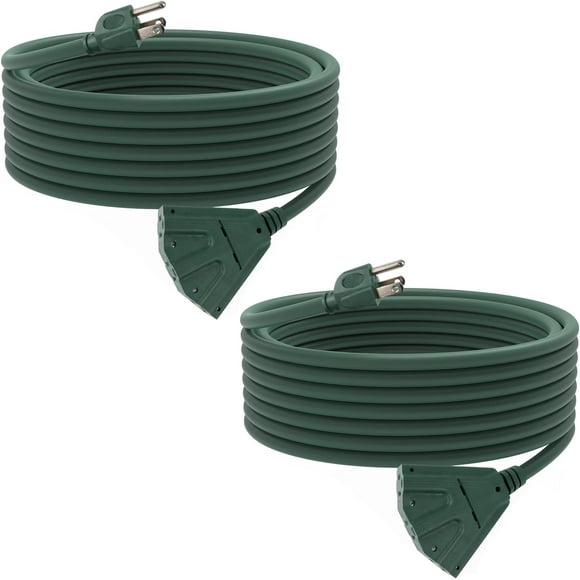 SHIQI-2 Pack 25 Ft Outdoor Extension Cord with 3 Electrical Power Outlets - 16/3 SJTW Green Cable with 3 Prong Grounded Plug