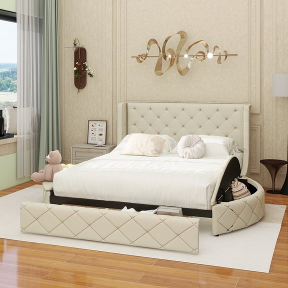 Upholstered Platform Bed Queen Size Storage Velvet Bed with Wingback Headboard and 1 Big Drawer,2 Side Storage Stool(Beige)
