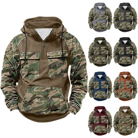 Fewfanhot Men's Sweatshirts Pullover Hoodie Half Zipper Long Sleeve Contrast Color Sweatshirt with Kanga Pocket