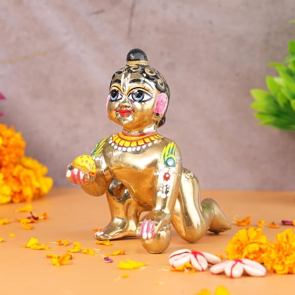 Brass Made Hand Full Painted Laddu Gopal Ji Idol for Home Temple/Little Krishna Idol
