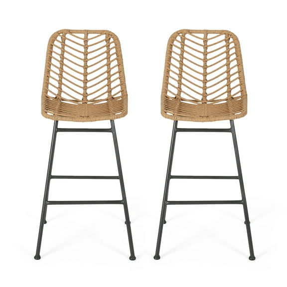 Dimitri Outdoor Wicker Barstools, Set of 2, Gray and Black