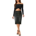 thumbnail image 2 of Falda Midi de Mezclilla A-Line de Cintura Alta con Abertura Frontal para Mujeres INSPIRE CHIC Talla XS Negra, 2 of 6