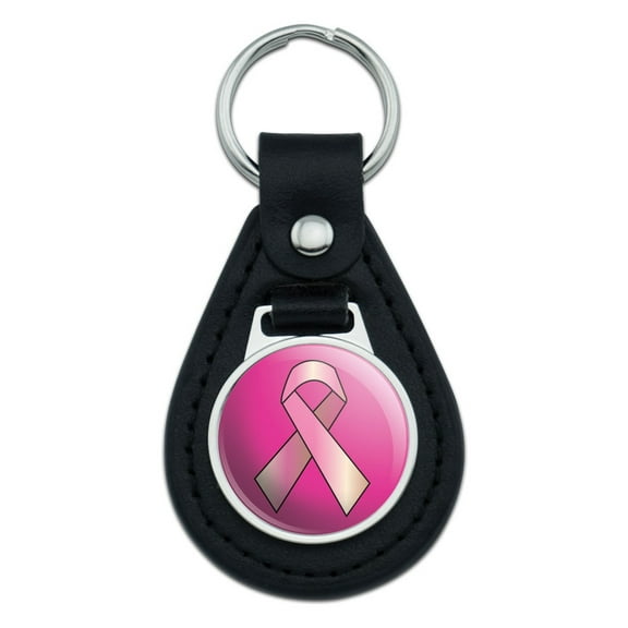 Breast Cancer Awareness Ribbon Black Leather Keychain
