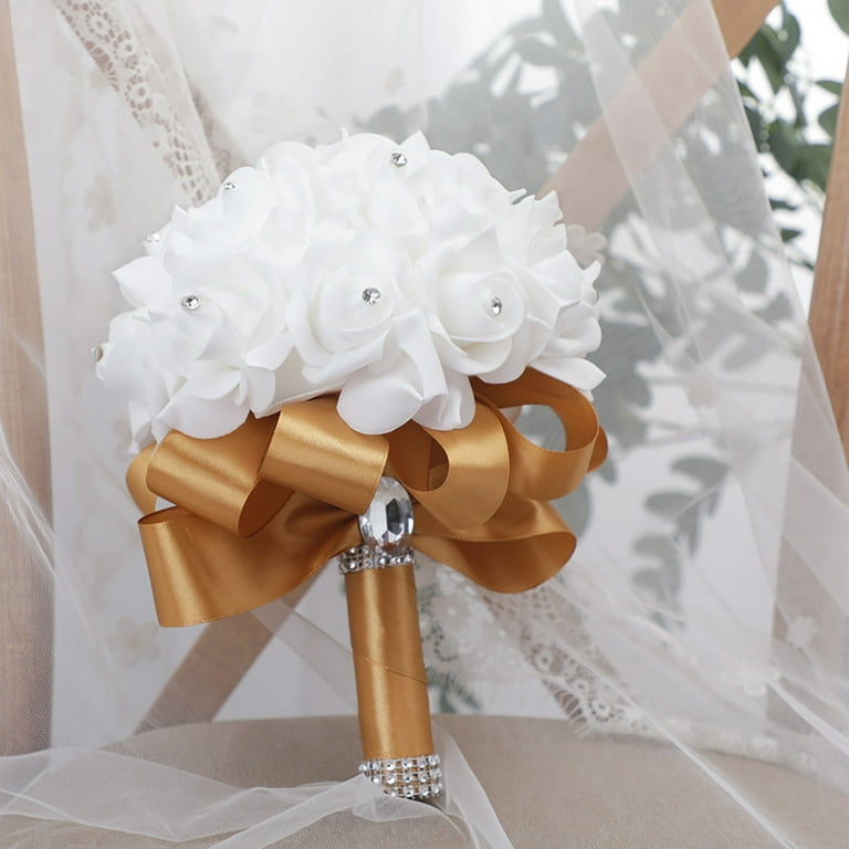 White rose bridal bouquet with crystal pins  White rose wedding bouquet,  Rose bridal bouquet, Gold wedding bouquets