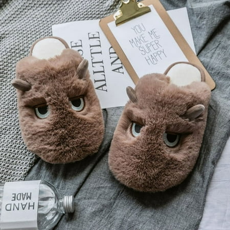 

CoCopeaunt Winter Home Women Fur Slippers Cute Cartoon Monster-eyes Fuzzy Indoor Ladies Slides Warm Plush House Couples Fluff Slippers