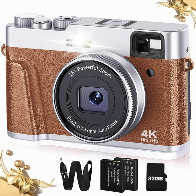 4K Digital Camera with Viewfinder Flash & Dial, 48MP Digital Camera for Photography and Video Autofocus Anti-Shake, Travel Portable Camera with SD Card 2 Batteries, 16X Zoom Vlogging Camera