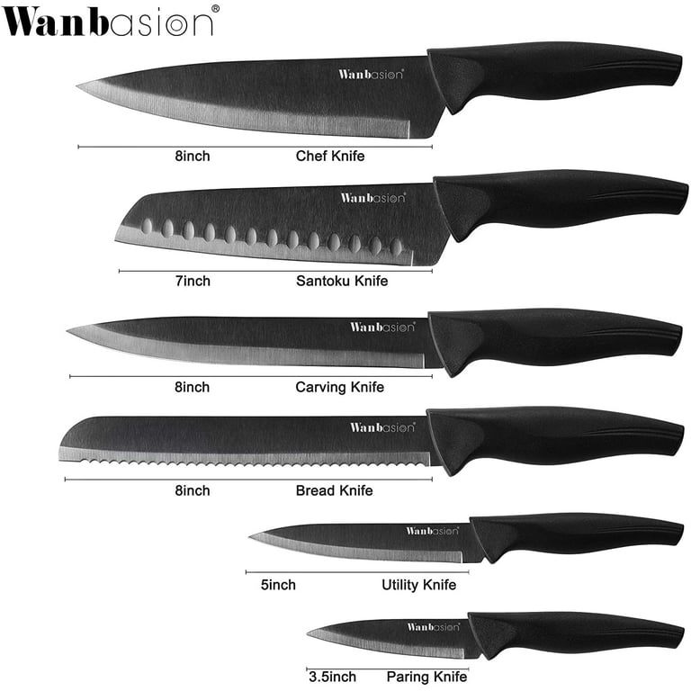 Wanbasion 6 Piece Black Knife Set with Sheath，Stainless Steel