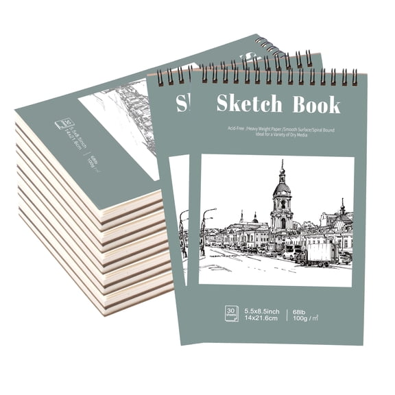 12 Pack Sketch Book, 5.5 x 8.5 Inch, 68lb/100gsm, Top Spiral Bound Sketch Pad