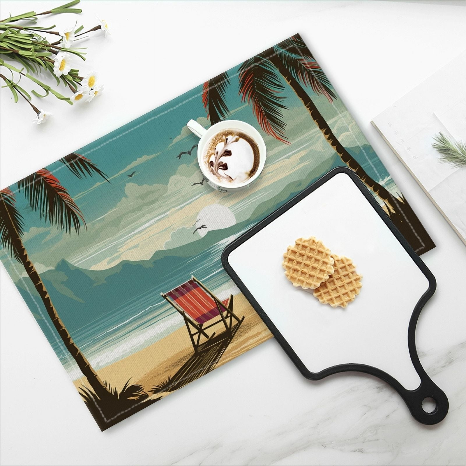 BaHomeck placemats Set of 4 Two Beach Chairs On The Sand Palm Trees And Mountains In The Background Cotton Linen rectangle Placemats for Kitchen Dining Table Indoor,Outdoor,18*12inch