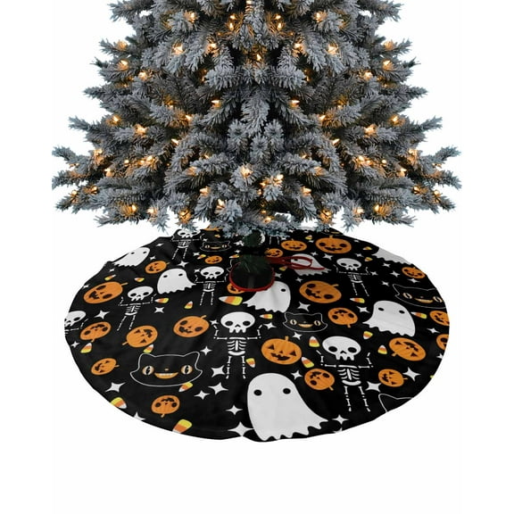 Halloween Christmas Tree Skirt 36 Inches Large Christmas Skirt Tree, Orange Pumpkin White Ghost Skeleton Black Tree Skirt Christmas Decorations for Fireplace Party Holidays Indoor Outdoor