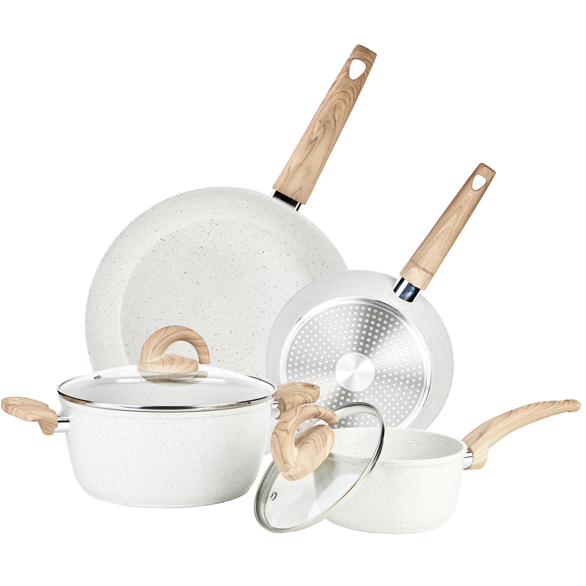 Vkoocy Nonstick Pots and Pans Set, 6 Pcs White Granite Induction ...