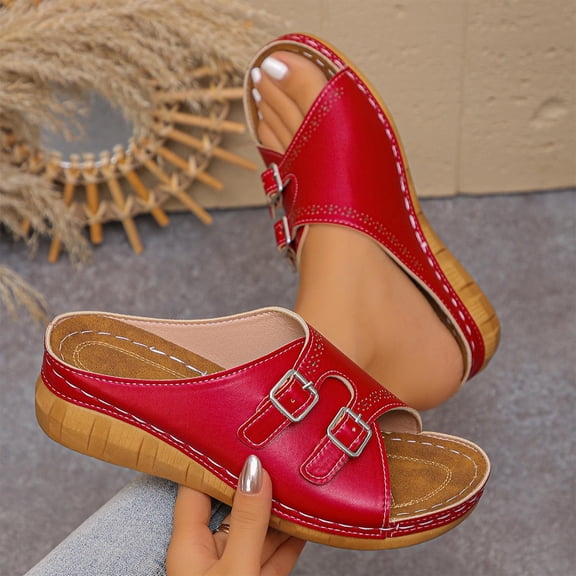 Avrnliq Womens Cushioned Footbed Mule Sandals Slip On Open Back Adjustable Double Buckle Low Wedge Casual Summer Slide Sandals Red,Size 7