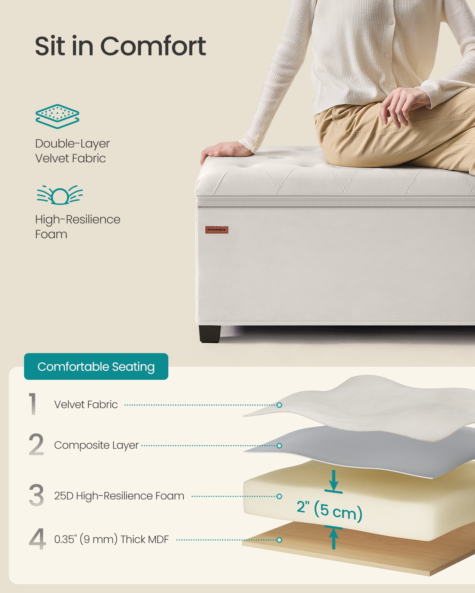SONGMICS 43" Storage Ottoman Bench Foot Rest with Legs End of Bed Bench Storage Chest Load up to 660 lb for Living Room Bedroom Cream White