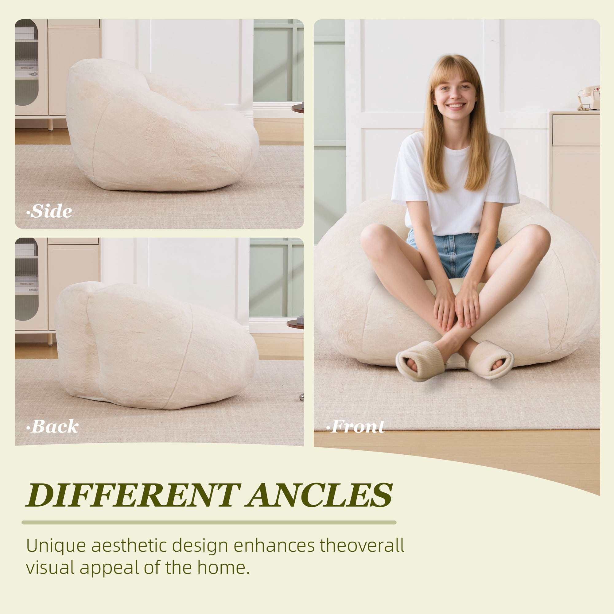 MOONMISS Bean Bag Chair for Adults & Teen,Floral Shaped Memory Foam Deep Sink-in Breathable Faux Fur Bean Bag Sofa,Easy to Clean for Living Room & Dorm,Beige