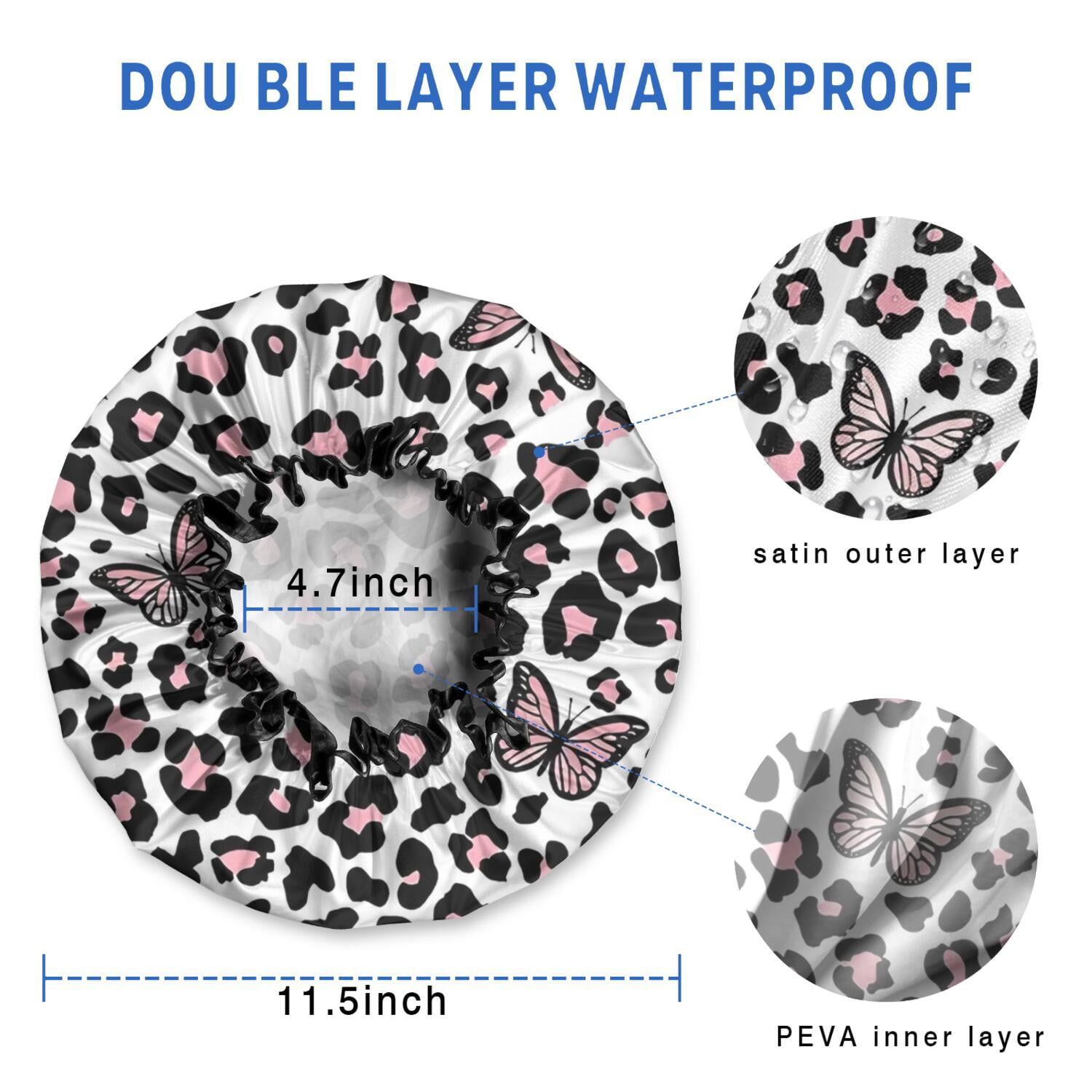 Shower Caps,Pink Leopard Butterfly Pattern Waterproof Shower Cap for Women 4 Pieces,Double Reusable Hair Cover for Shower PEVA Elastic Stretch Hem
